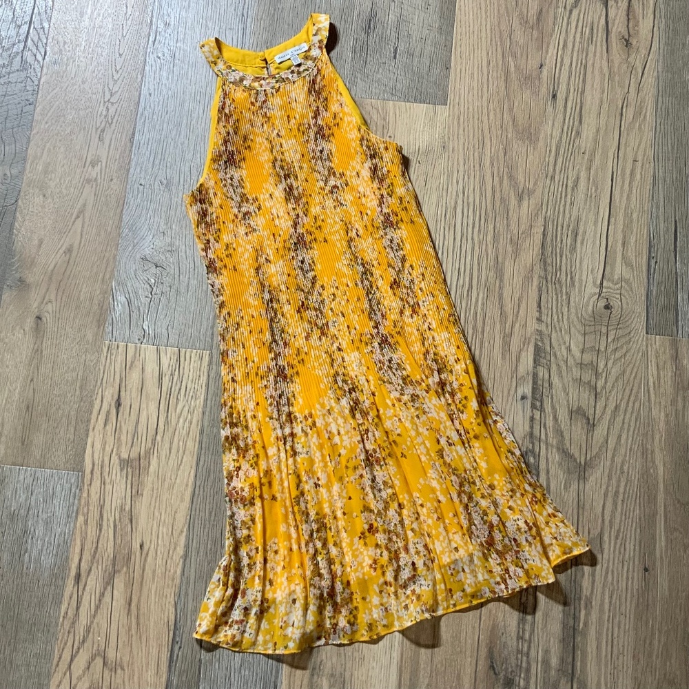 Maison D’Amelie Yellow Pleated Floral Dress XS